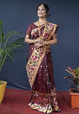 Maroon zari woven paithani silk blend saree with blouse 1