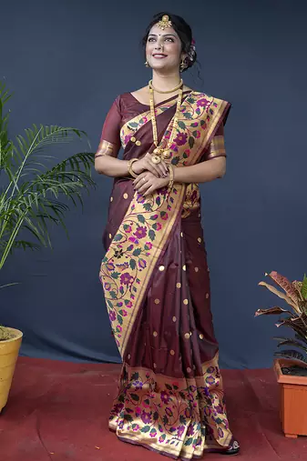 Maroon zari woven paithani silk blend saree with blouse