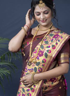 Maroon zari woven paithani silk blend saree with blouse 2