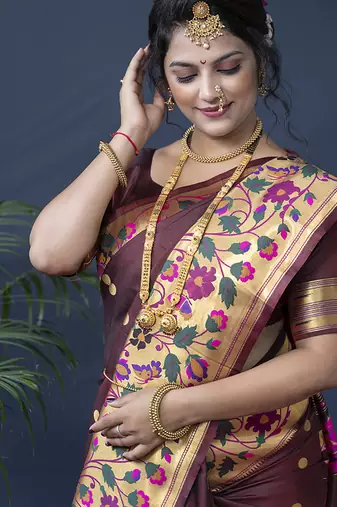 Maroon zari woven paithani silk blend saree with blouse