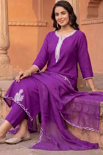 Women Ethnic Motifs Embroidered Regular Thread Work Liva Kurta with Trousers & With Dupatta