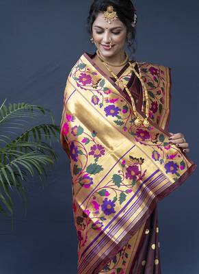 Maroon zari woven paithani silk blend saree with blouse 3