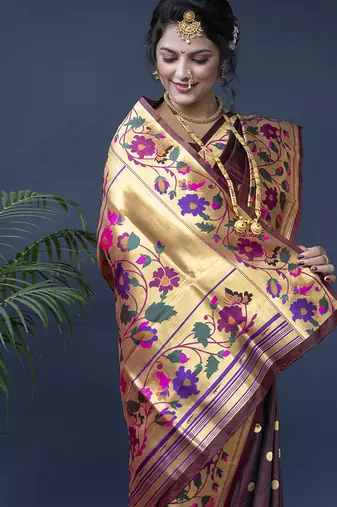 Maroon zari woven paithani silk blend saree with blouse