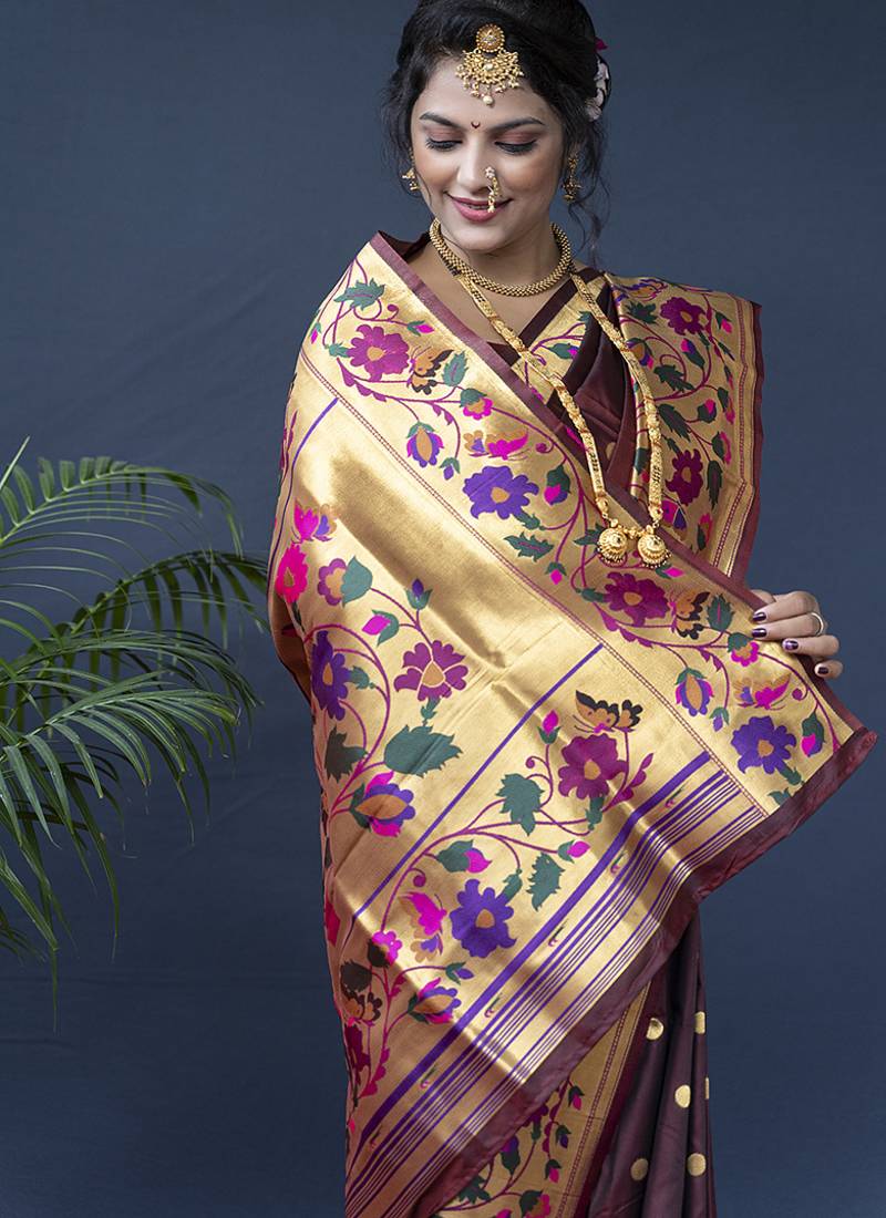 Maroon zari woven paithani silk blend saree with blouse