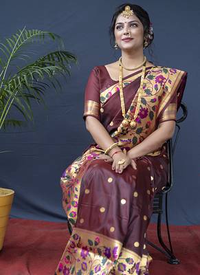 Maroon zari woven paithani silk blend saree with blouse 4