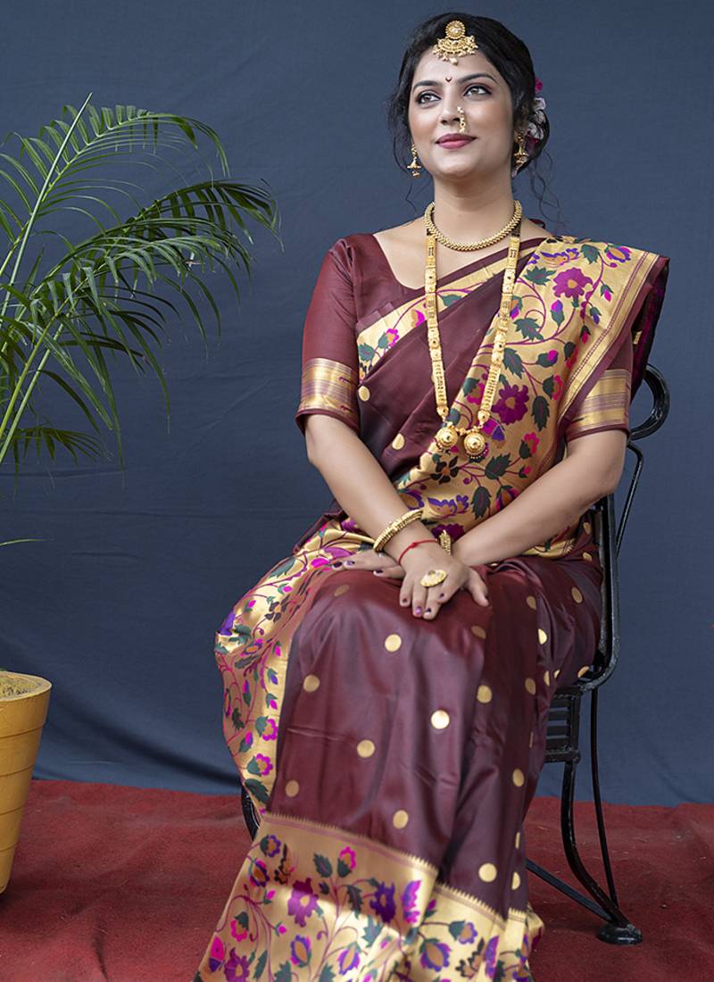 Maroon zari woven paithani silk blend saree with blouse