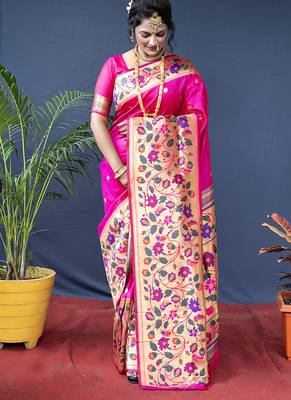 Rani pink zari woven paithani silk blend saree with blouse 1