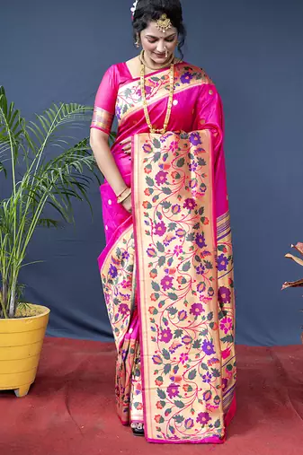 Rani pink zari woven paithani silk blend saree with blouse