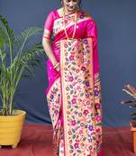 Rani pink zari woven paithani silk blend saree with blouse