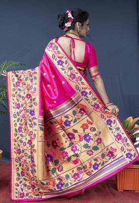 Rani pink zari woven paithani silk blend saree with blouse 2