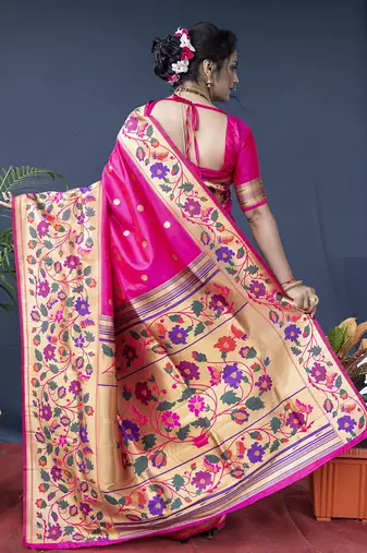 Rani pink zari woven paithani silk blend saree with blouse
