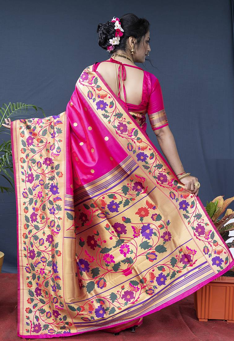 Rani pink zari woven paithani silk blend saree with blouse