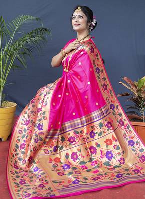 Rani pink zari woven paithani silk blend saree with blouse 4