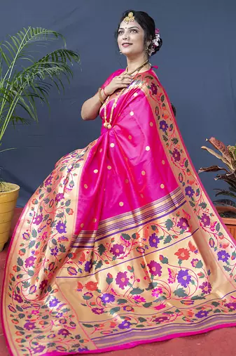 Rani pink zari woven paithani silk blend saree with blouse