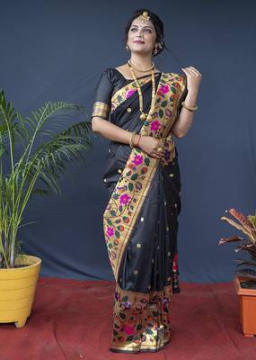 Black zari woven paithani silk blend saree with blouse 1