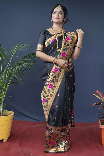 Black zari woven paithani silk blend saree with blouse