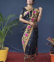 Black zari woven paithani silk blend saree with blouse