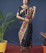 Black zari woven paithani silk blend saree with blouse