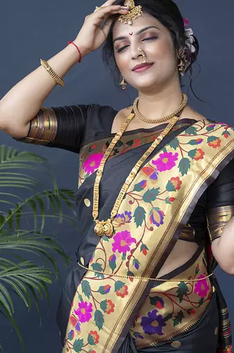 Black zari woven paithani silk blend saree with blouse