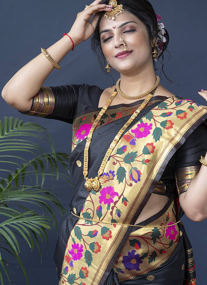 Black zari woven paithani silk blend saree with blouse