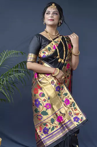 Black zari woven paithani silk blend saree with blouse