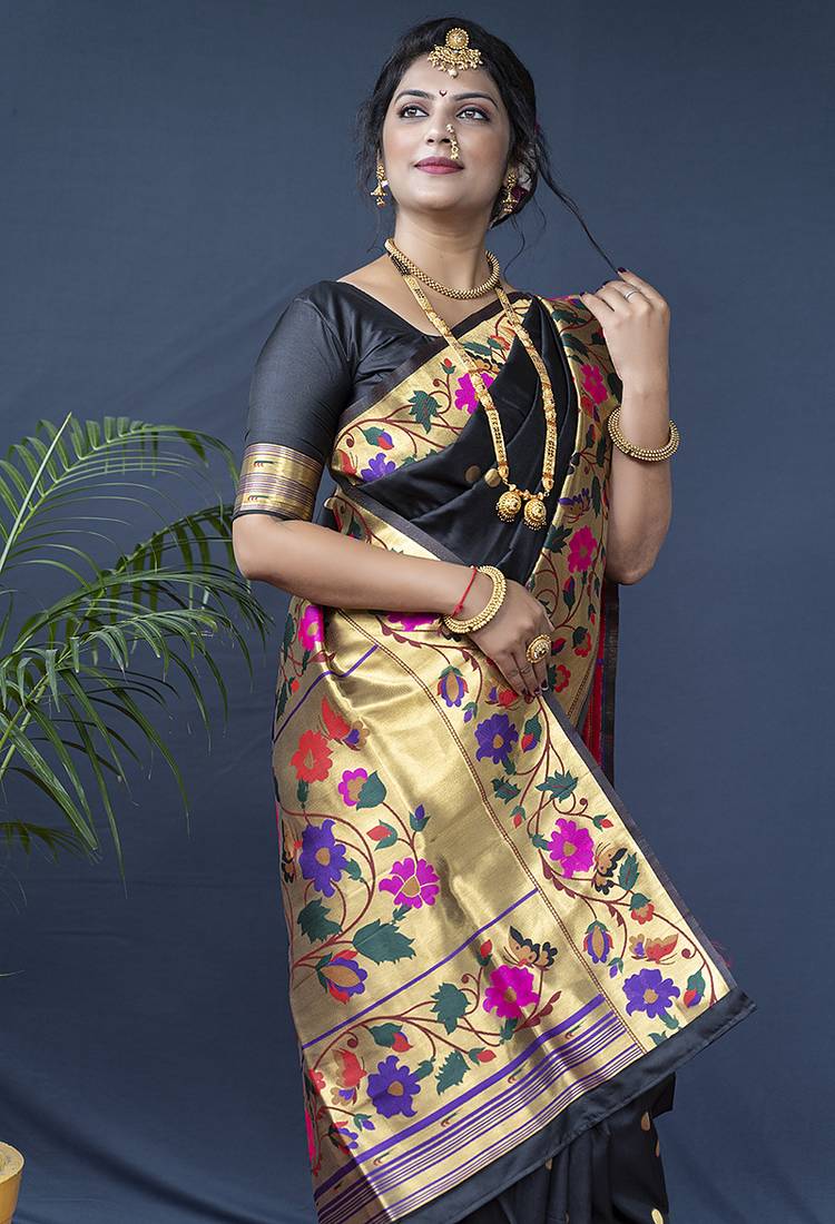 Black zari woven paithani silk blend saree with blouse