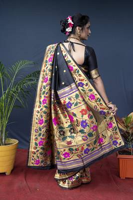 Black zari woven paithani silk blend saree with blouse 4