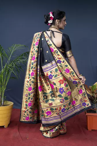 Black zari woven paithani silk blend saree with blouse
