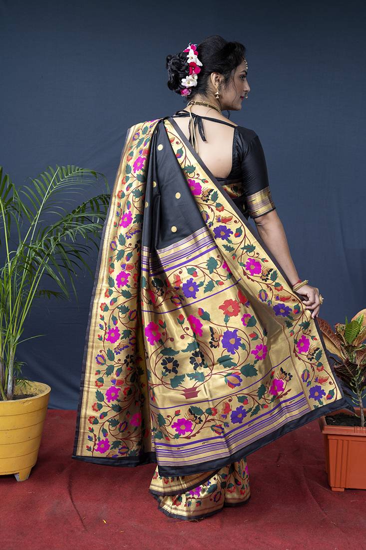 Black zari woven paithani silk blend saree with blouse