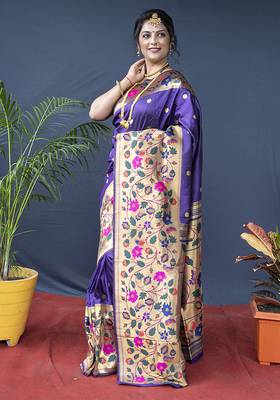 Violet zari woven paithani silk blend saree with blouse 1