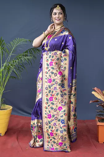 Violet zari woven paithani silk blend saree with blouse