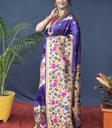 Violet zari woven paithani silk blend saree with blouse