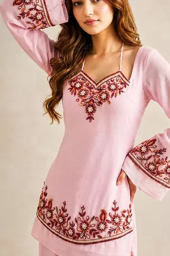 Thread Fendy Satin Fabric Straight Kurta Palazzo Set