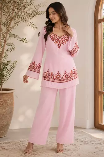 Thread Fendy Satin Fabric Straight Kurta Palazzo Set