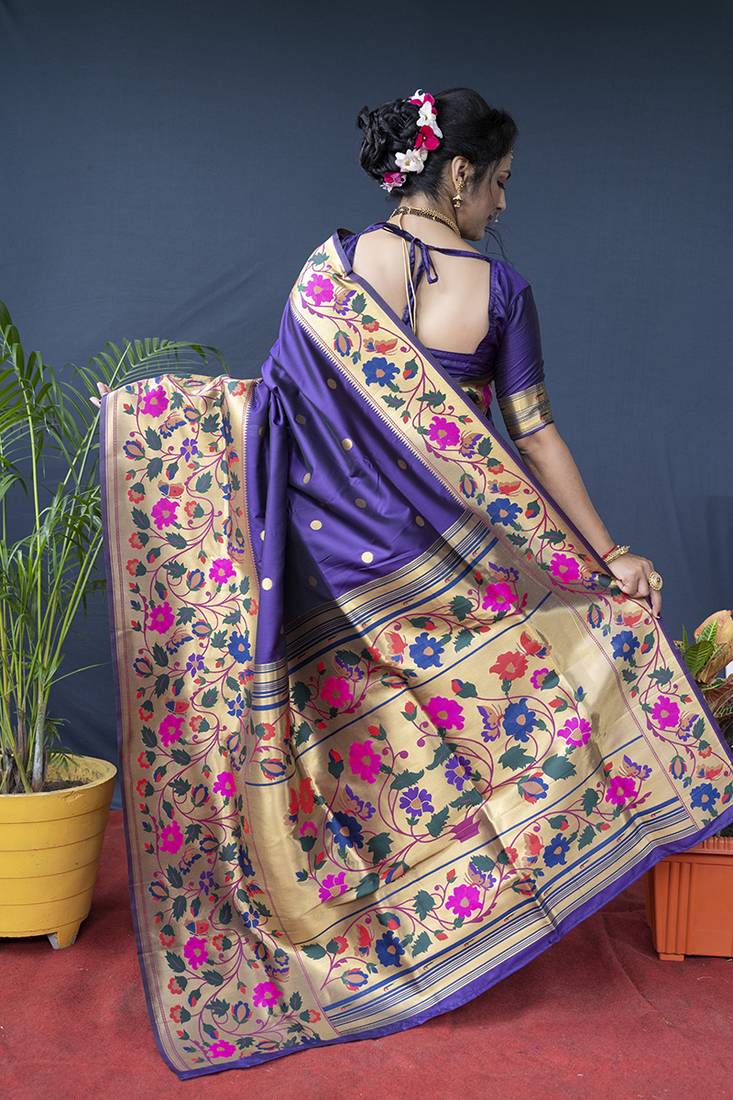 Violet zari woven paithani silk blend saree with blouse