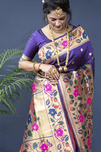 Violet zari woven paithani silk blend saree with blouse