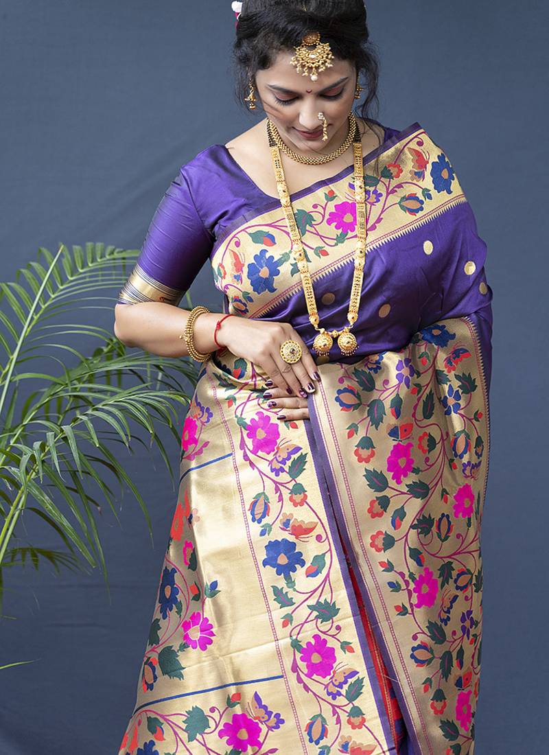 Violet zari woven paithani silk blend saree with blouse