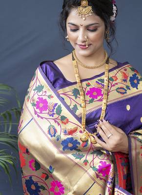 Violet zari woven paithani silk blend saree with blouse 4
