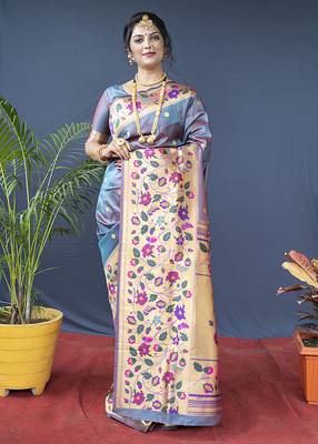 Grey zari woven paithani silk blend saree with blouse 1