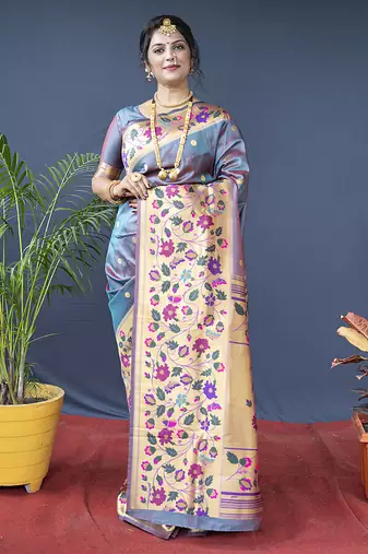 Grey zari woven paithani silk blend saree with blouse