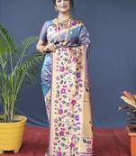 Grey zari woven paithani silk blend saree with blouse