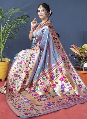 Grey zari woven paithani silk blend saree with blouse 2