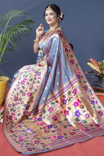 Grey zari woven paithani silk blend saree with blouse