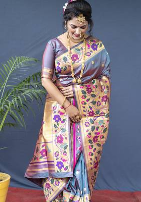 Grey zari woven paithani silk blend saree with blouse 3