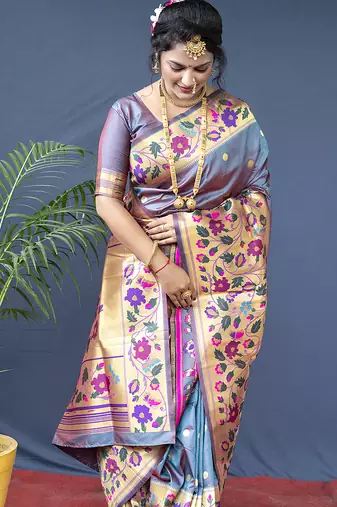 Grey zari woven paithani silk blend saree with blouse