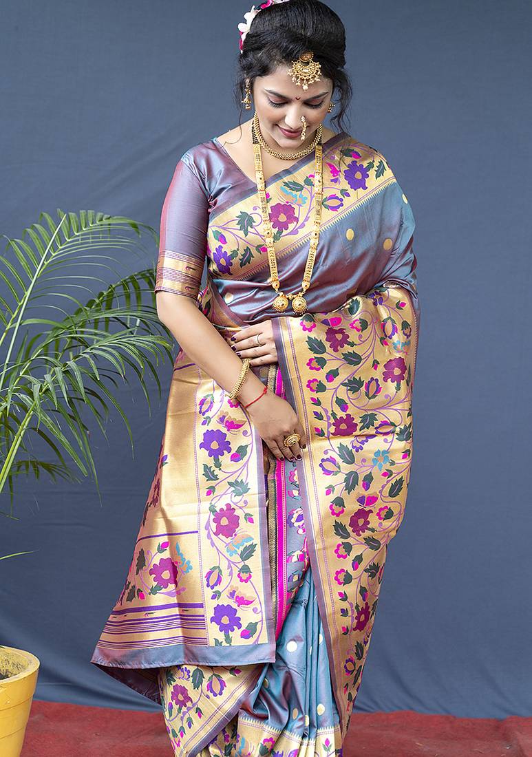 Grey zari woven paithani silk blend saree with blouse