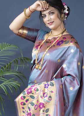 Grey zari woven paithani silk blend saree with blouse 4