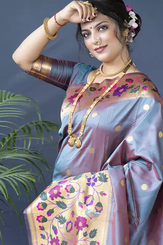Grey zari woven paithani silk blend saree with blouse