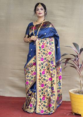 Navy blue zari woven paithani silk blend saree with blouse 1