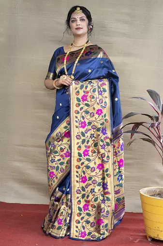 Navy blue zari woven paithani silk blend saree with blouse